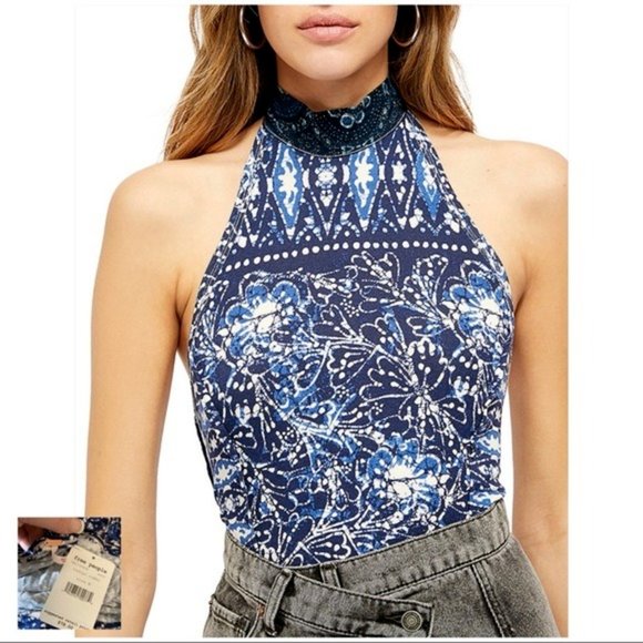 1️⃣3️⃣Free People Madagascar Printed Halter Top Navy - Picture 2 of 4